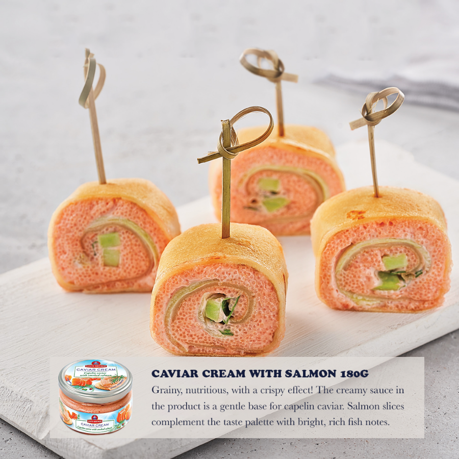 Savory Crepe Rolls with Caviar Cream with Salmon Filling
